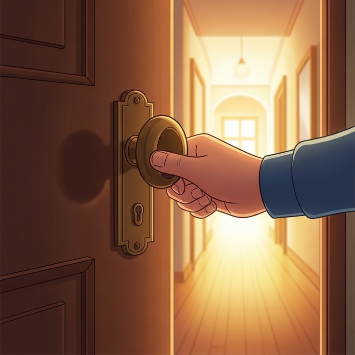 A cartoon hand turning a round door handle, door slightly open, bright hallway background.