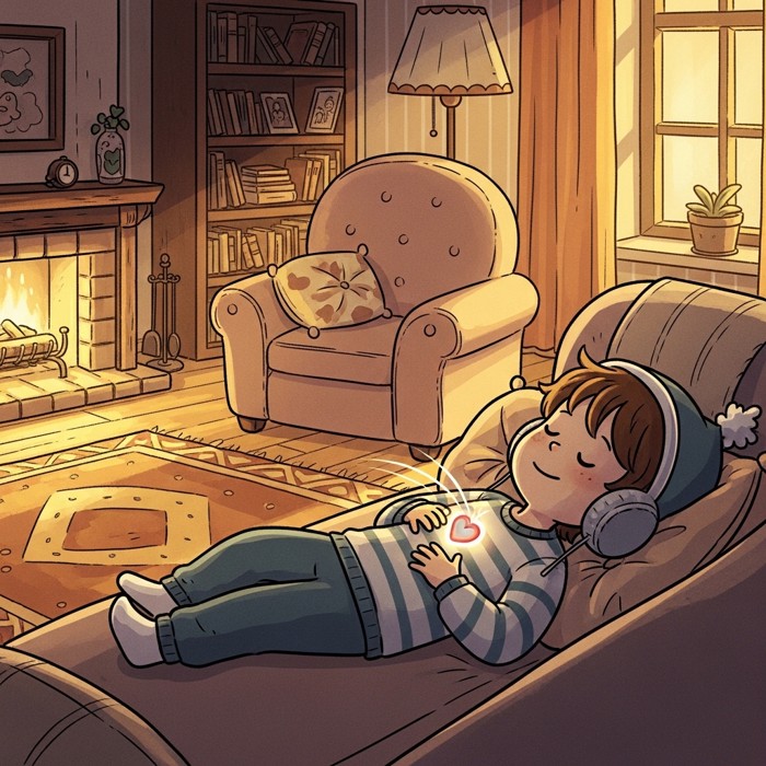 A cartoon child lying on a sofa relaxing, their heart shown beating slowly and calmly, cozy living room.