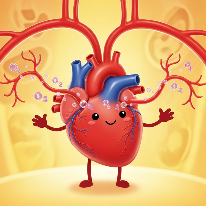 A cartoon heart pumping bright red blood with little oxygen bubbles flowing out to cartoon arms and legs.