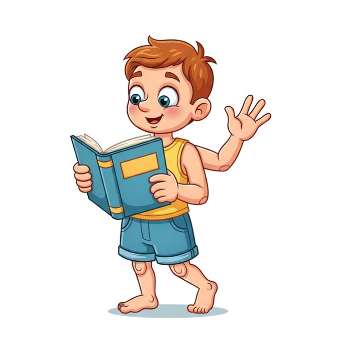 A colorful cartoon body diagram where each part does a small job: eyes reading a book, hands waving, feet walking, friendly bright style.