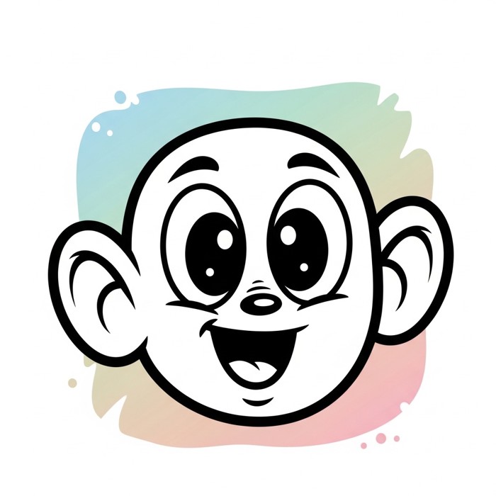 A close-up cartoon face with big round eyes and two ears clearly outlined, cheerful expression, soft pastel background.