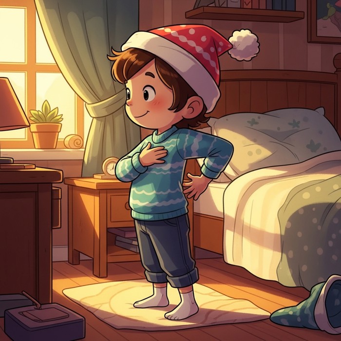 A cartoon child standing sideways, one hand on their chest and the other reaching back to touch their own back, cozy bedroom setting.