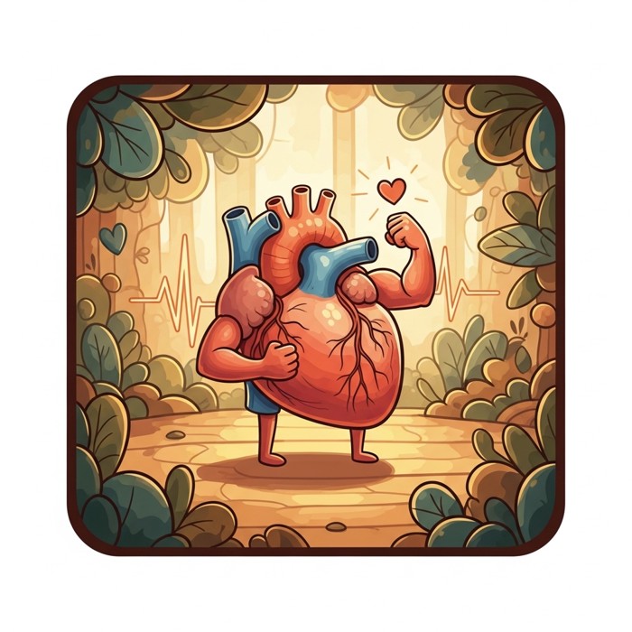 A cartoon heart flexing like a small strong muscle with a tiny heartbeat glow, colorful diagram style.