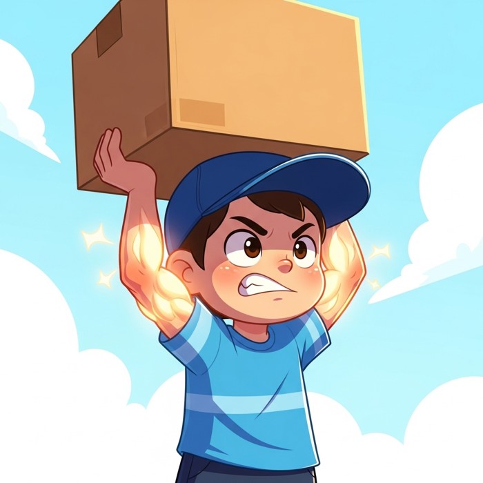 A cartoon child lifting a heavy box with glowing arm muscles, determined expression, bright background.