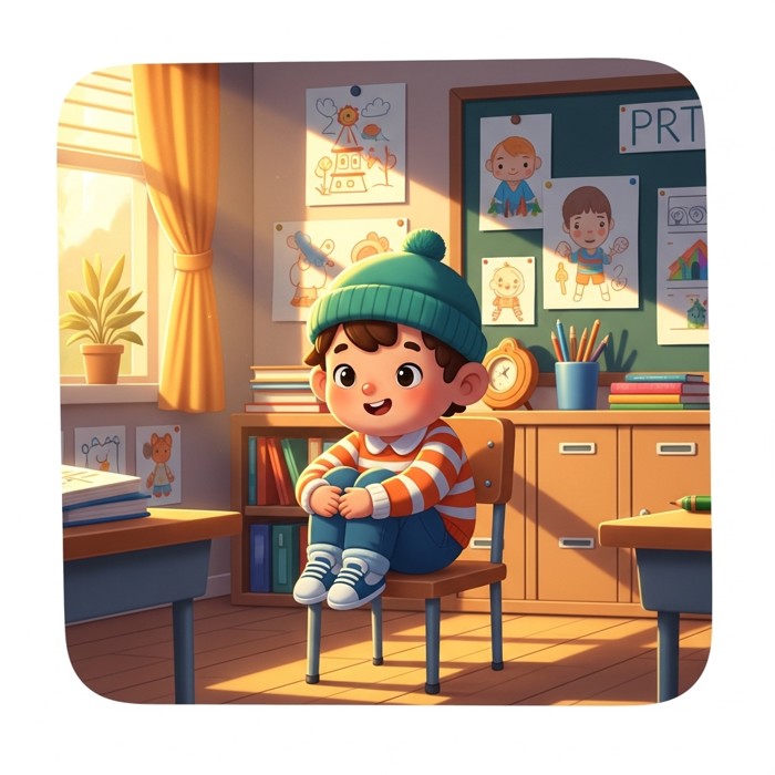 A cartoon child sitting down on a chair with knees bending, cheerful classroom background.