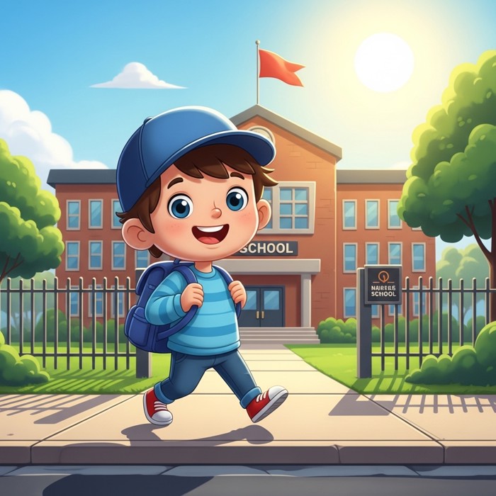 A cartoon child walking happily on a sidewalk toward a school building, backpack bouncing, sunny morning background.