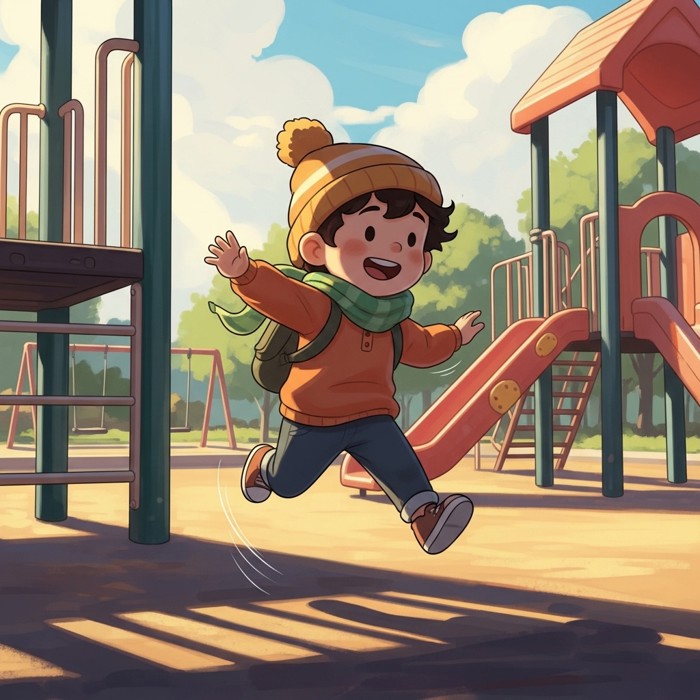 A cartoon child running and jumping happily on a playground, motion lines, sunny outdoor background.