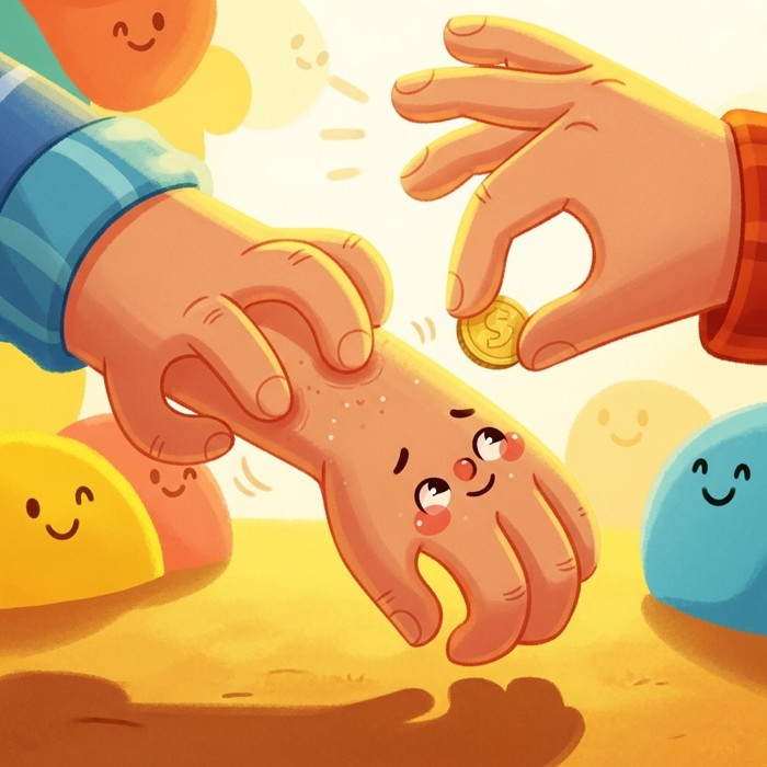 A cartoon hand scratching an itchy arm and picking up a small coin with fingernails, bright playful background.