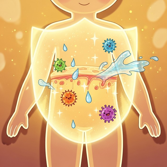 A cartoon body outline with a protective glowing layer of skin shown blocking tiny germs and water drops, colorful diagram style.