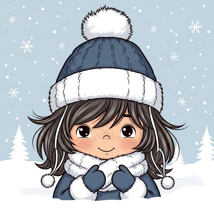 A cartoon child wearing a fuzzy winter hat over thick hair, snowy background, cozy warm expression.
