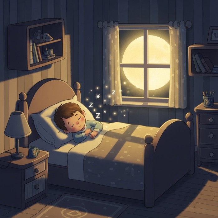 A cartoon child sleeping peacefully in bed under a glowing moon, small healing sparkles floating around their body, cozy bedroom.