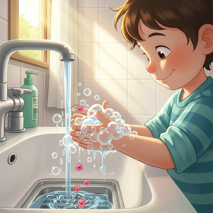 A cartoon child washing hands under running water with soap bubbles, tiny cartoon germs floating away, bright bathroom background.