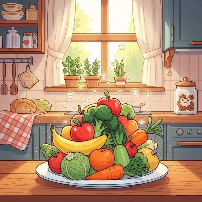A colorful cartoon plate piled with fruits and vegetables, tiny glowing vitamin stars floating above it, sunny kitchen background.