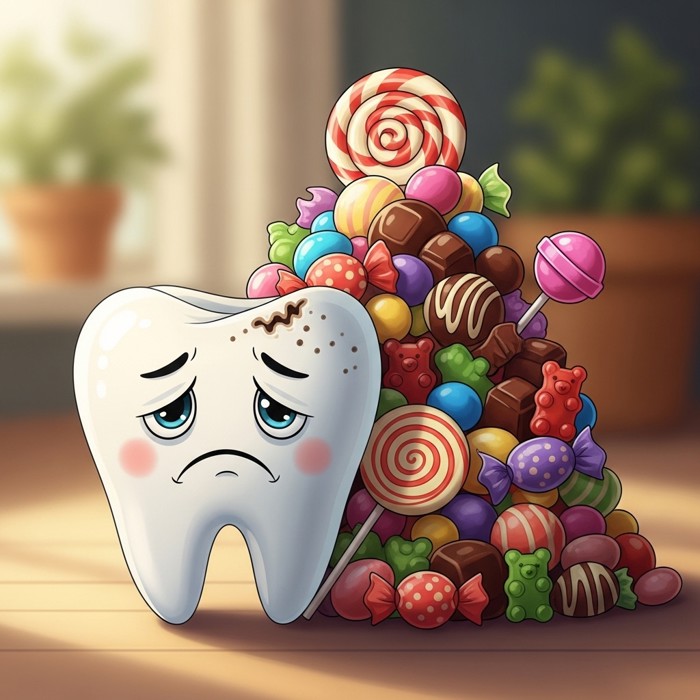 A cartoon tooth looking sad next to a pile of candy, tiny cavity spots appearing, warning diagram style.