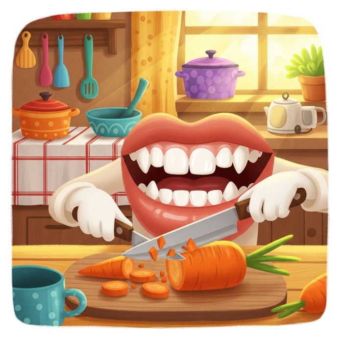 A cartoon mouth with sharp front teeth cutting a carrot into small pieces, cheerful kitchen background.