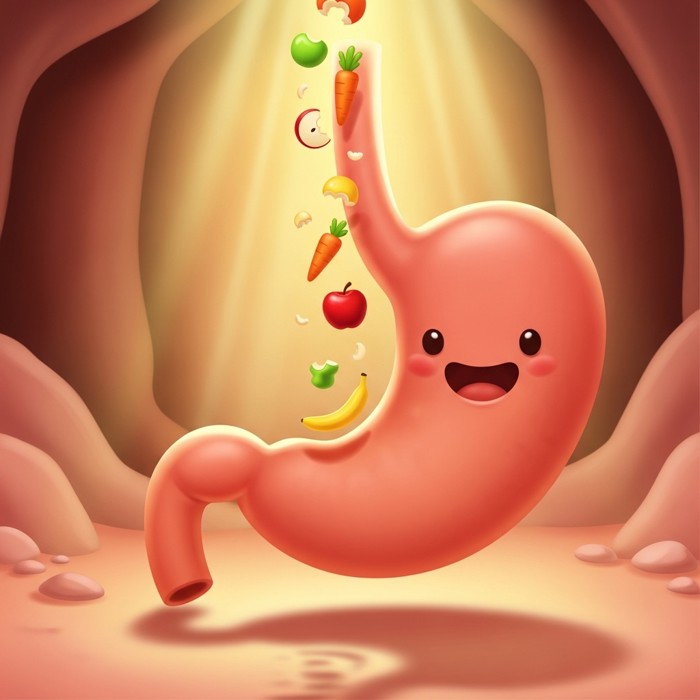 A cartoon stomach happily receiving small chewed food pieces from above, cheerful digestive diagram style.