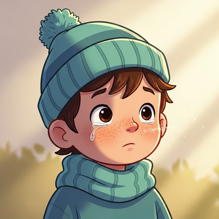 A cartoon child with a single tear rolling down their cheek, a tiny speck of dust washing away, soft calm background.
