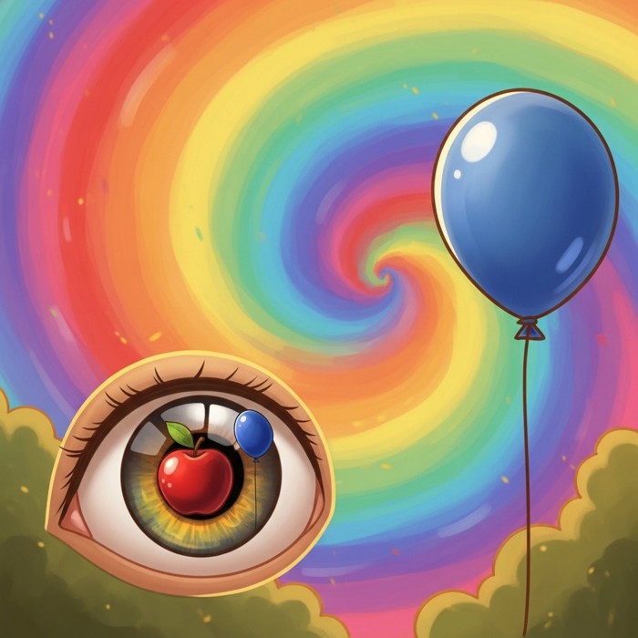 A cartoon eye reflecting a red apple and a blue balloon, colorful rainbow swirl in the background.