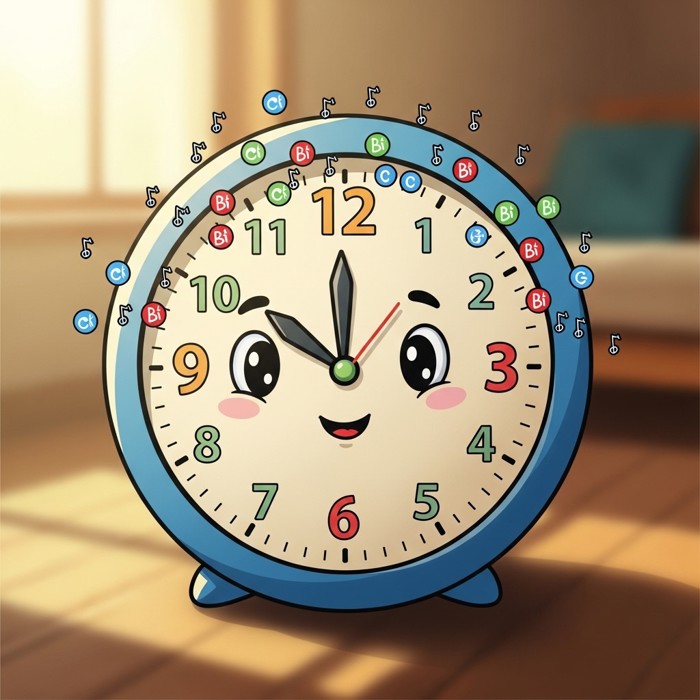 A cartoon clock with tiny blink icons ticking around it every few seconds, colorful diagram style.