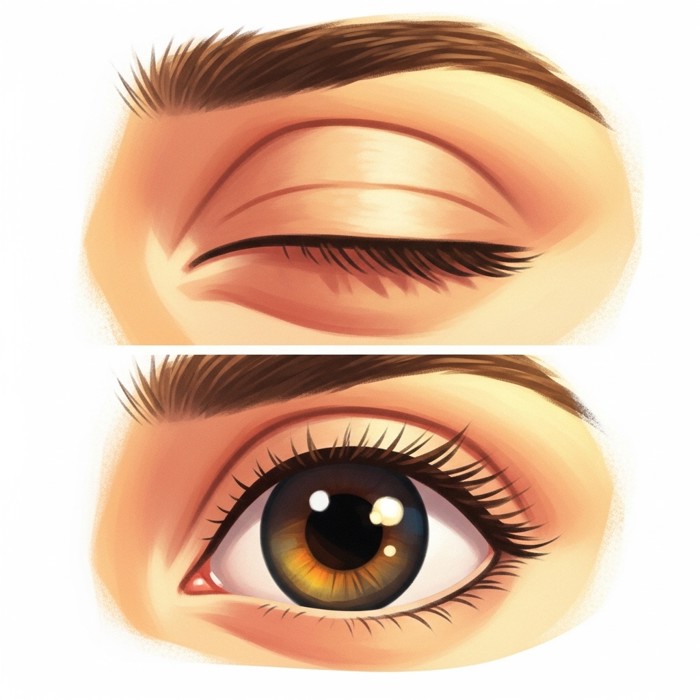 A close-up cartoon eye with the eyelid shown mid-close and mid-open in two quick frames, bright simple background.