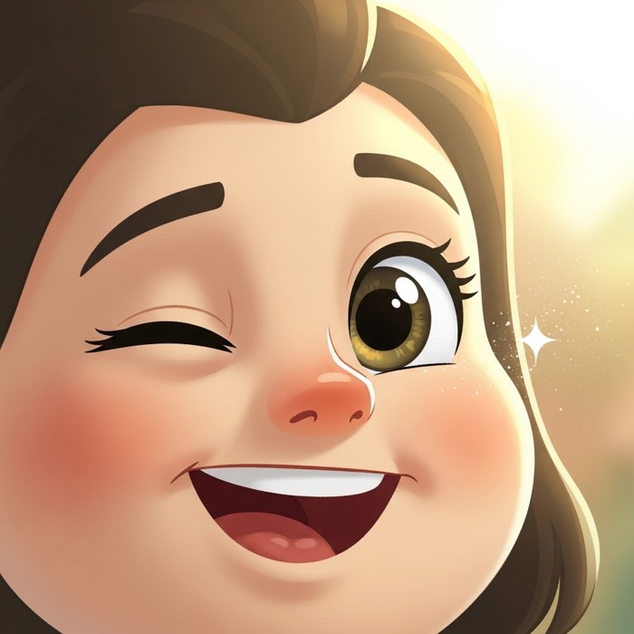 A cartoon eye blinking away a tiny speck of dust with a small sparkle, cheerful cartoon face, bright background.