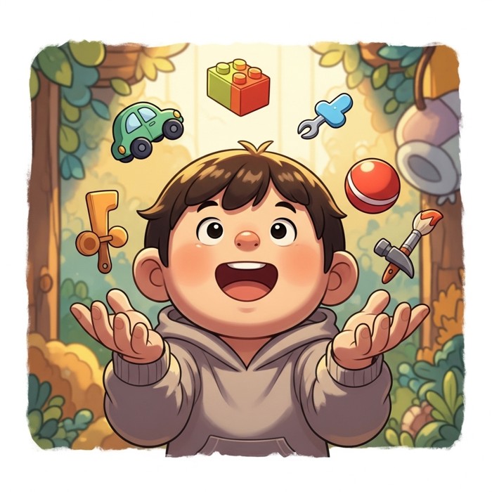 A cartoon child juggling many small toys and tools with both hands, cheerful colorful background.