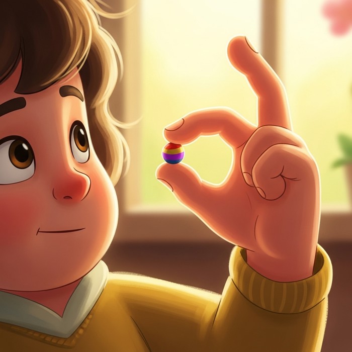 A cartoon hand carefully picking up a tiny colorful bead between two fingers, close-up bright background.