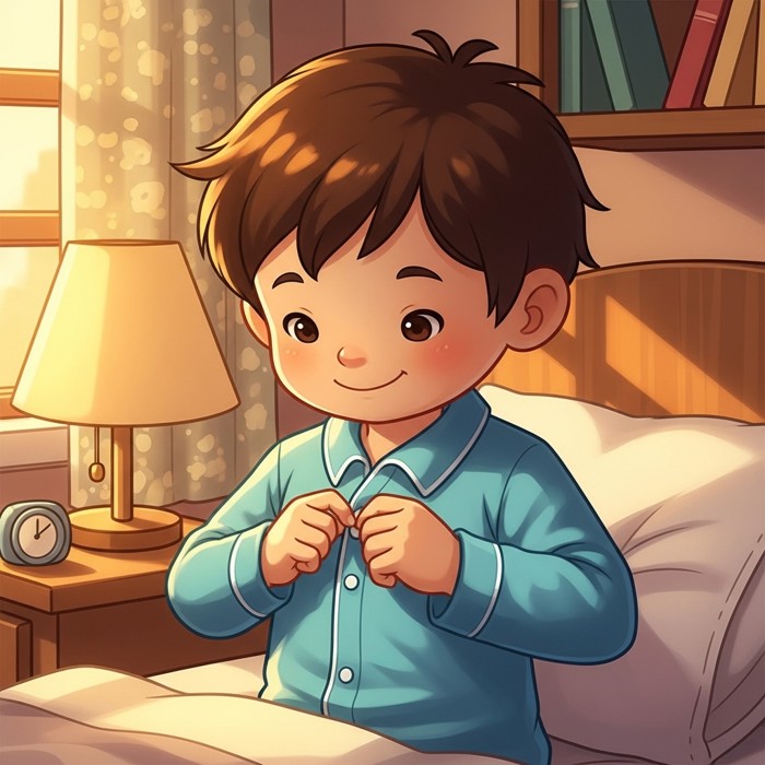 A cartoon child buttoning a shirt with careful fingers, cheerful bedroom background.