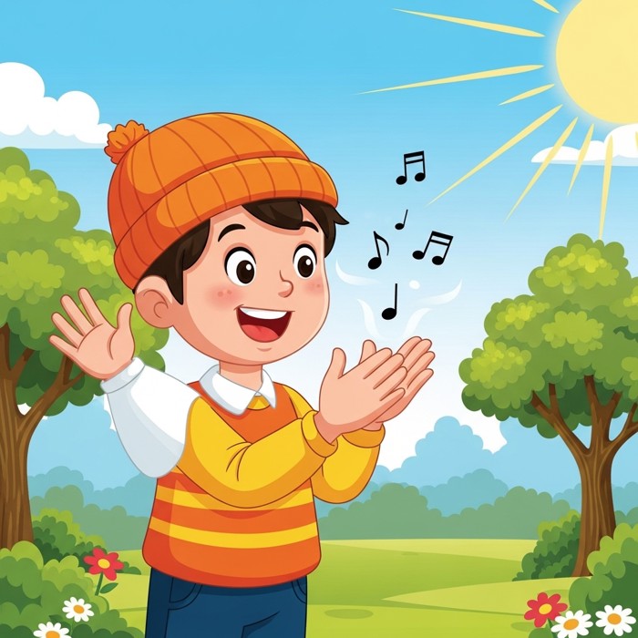 A cartoon child clapping both hands together with musical notes floating up, and waving one hand happily, sunny park background.