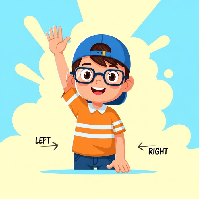A cartoon child raising their right hand high while the left hand rests down, simple arrows labeling left and right, bright background.