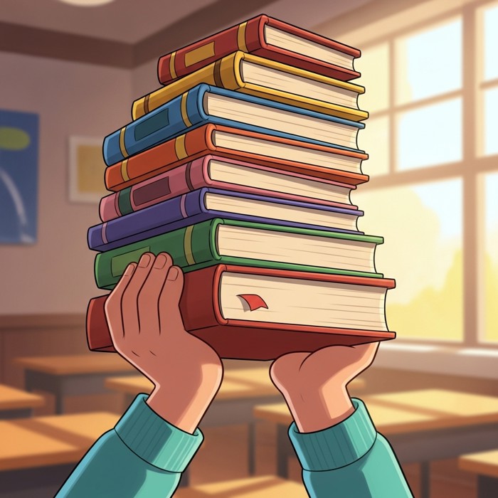 Two cartoon hands together carrying a large stack of colorful books, proud smile, bright classroom background.
