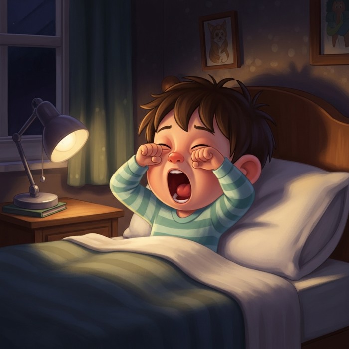 A cartoon child yawning while rubbing tired eyes late at night, cozy dim bedroom background.