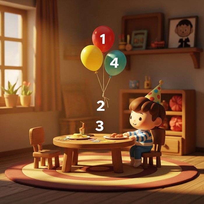 A cartoon child counting a small group of three balloons at a tiny party table.