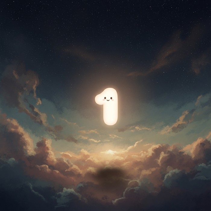 A single glowing number one floating alone in a big empty space, looking small but cute.