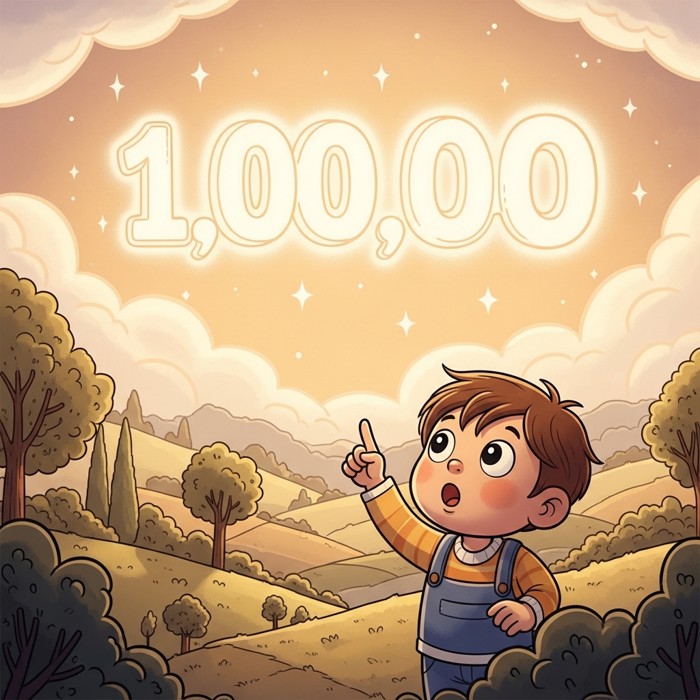A cartoon child looking amazed at a giant glowing number one million floating in the sky like a cloud.