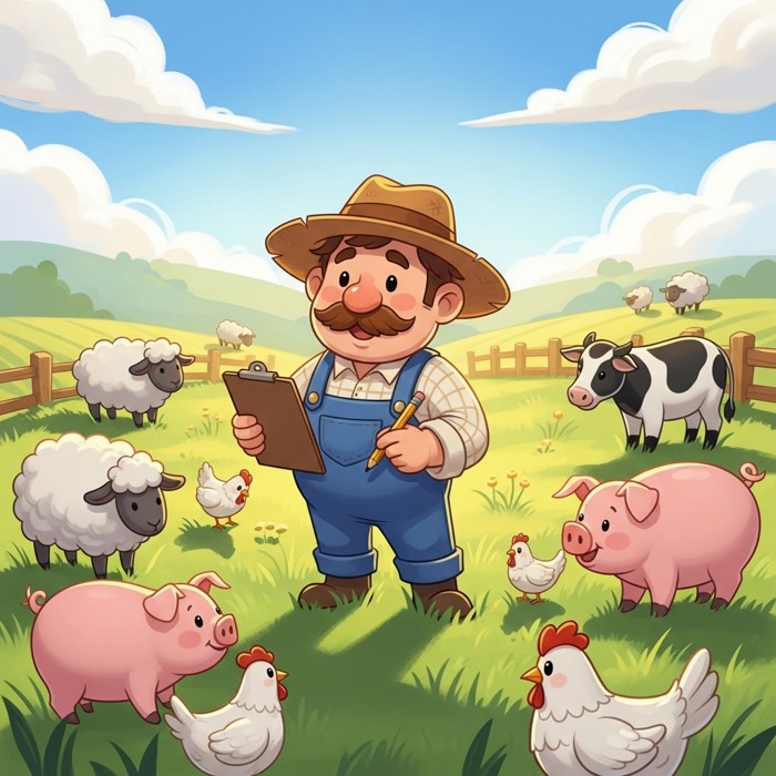A cartoon farmer holding a clipboard, counting animals in a field, checking off each one with a satisfied smile.