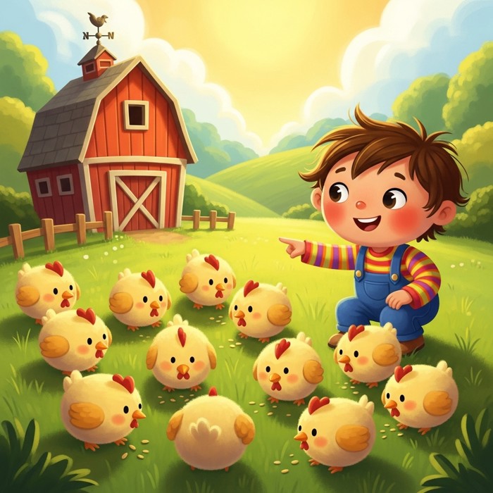 A cartoon farmyard filled with ten fluffy chickens pecking at the ground, a child counting them with a pointing finger.