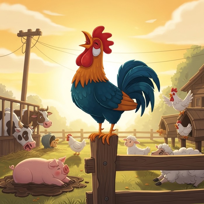 A cartoon rooster standing on a fence post, crowing loudly at sunrise, farm animals waking up around it.