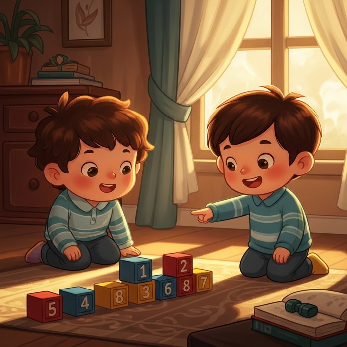A cartoon child happily counting colorful toy blocks lined up on the floor, pointing at each one with excitement.