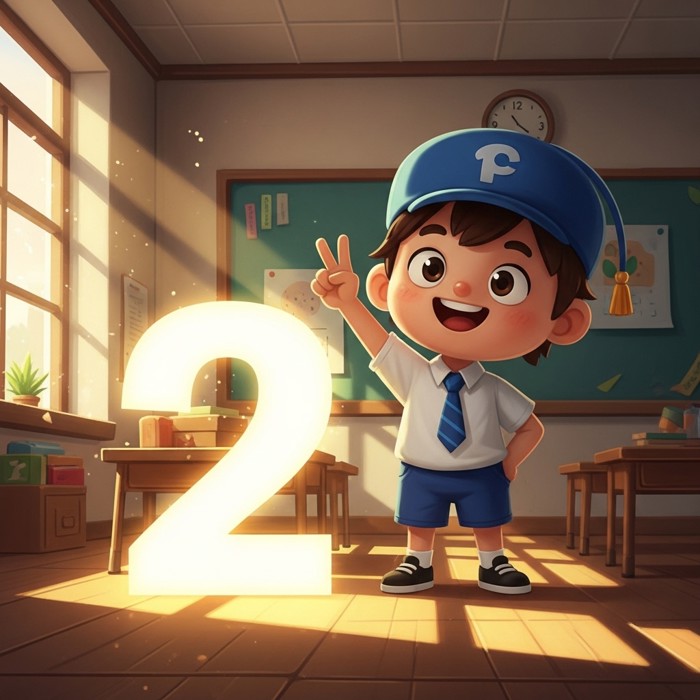 A cartoon child holding up two fingers proudly, standing next to a big glowing number 2, cheerful classroom background.