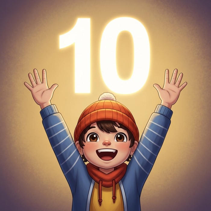 A cartoon child triumphantly holding up ten fingers with both hands raised high, a big glowing number 10 behind them.