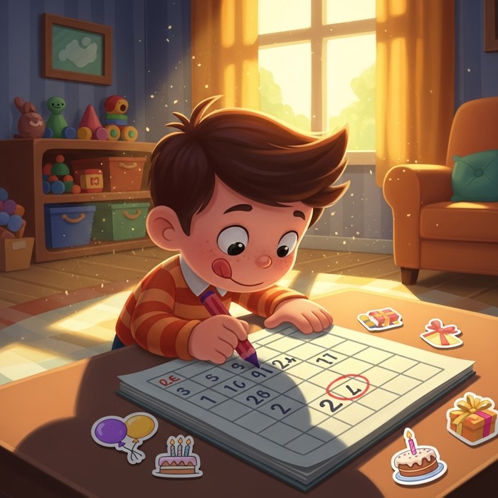 A cartoon child writing on a calendar, planning a birthday party on a specific day, colorful stickers decorating the page.