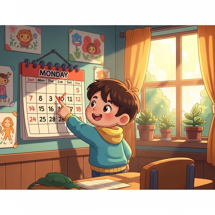 A cartoon child crossing off Monday on a calendar and pointing excitedly at Tuesday, sunny classroom background.