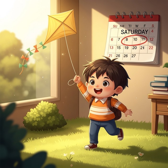 A joyful cartoon child playing outside with a kite on a sunny Saturday, the calendar in the background shows Saturday circled.