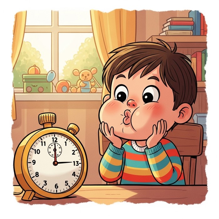 A cartoon child holding their breath with puffed cheeks, a stopwatch nearby counting up to one minute.