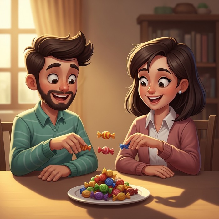 Two cartoon friends splitting a pile of ten candies evenly between them, both smiling at the table.