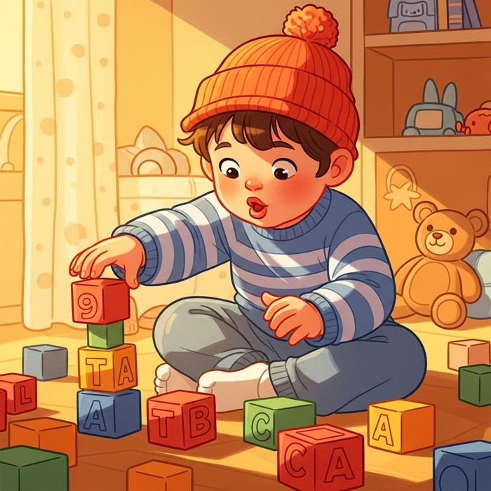 A cartoon child touching each toy block on the floor while counting out loud, focused and happy expression.