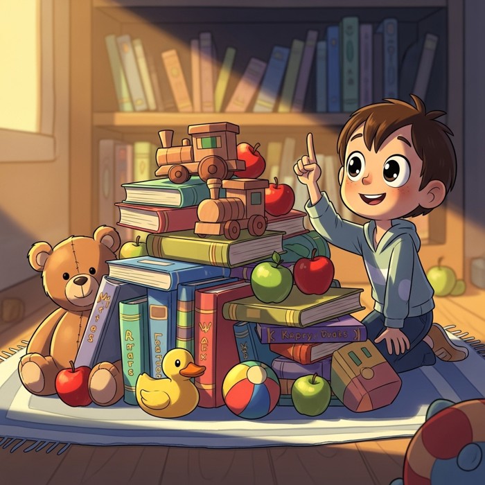 A colorful pile of toys, books, and apples grouped together on a rug, a cartoon child ready to count them.