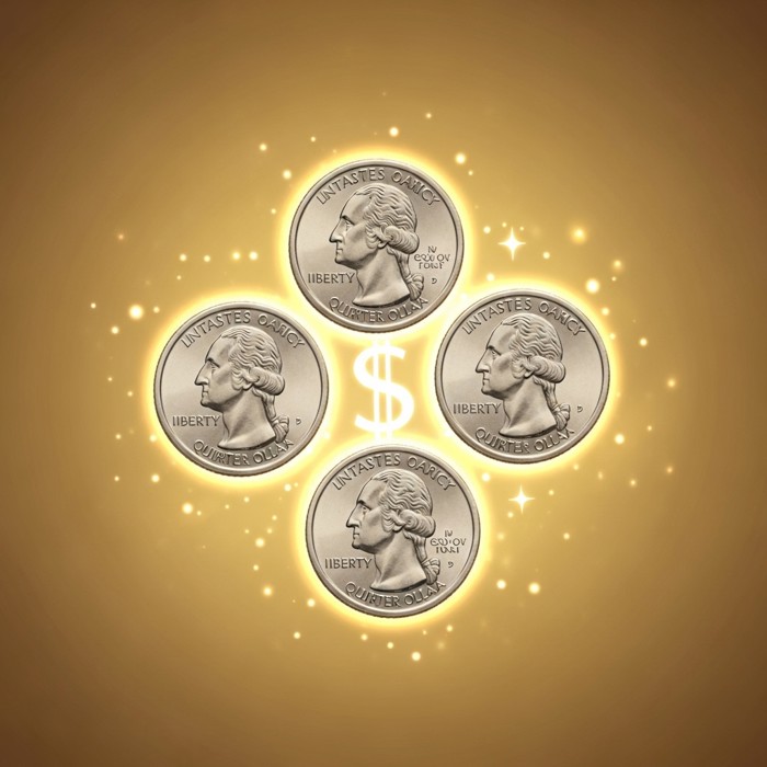 Four shiny quarters arranged in a circle forming a glowing dollar sign, cheerful sparkling background.