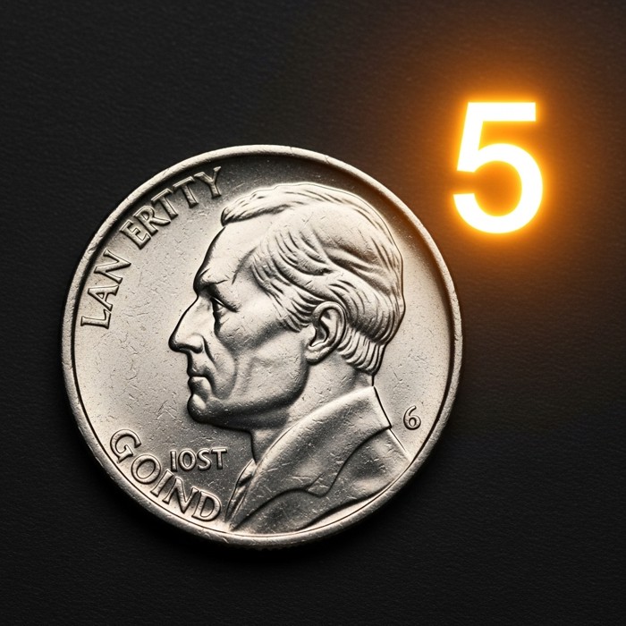 A close-up of a shiny silver nickel coin with a glowing number five beside it, cheerful colors.